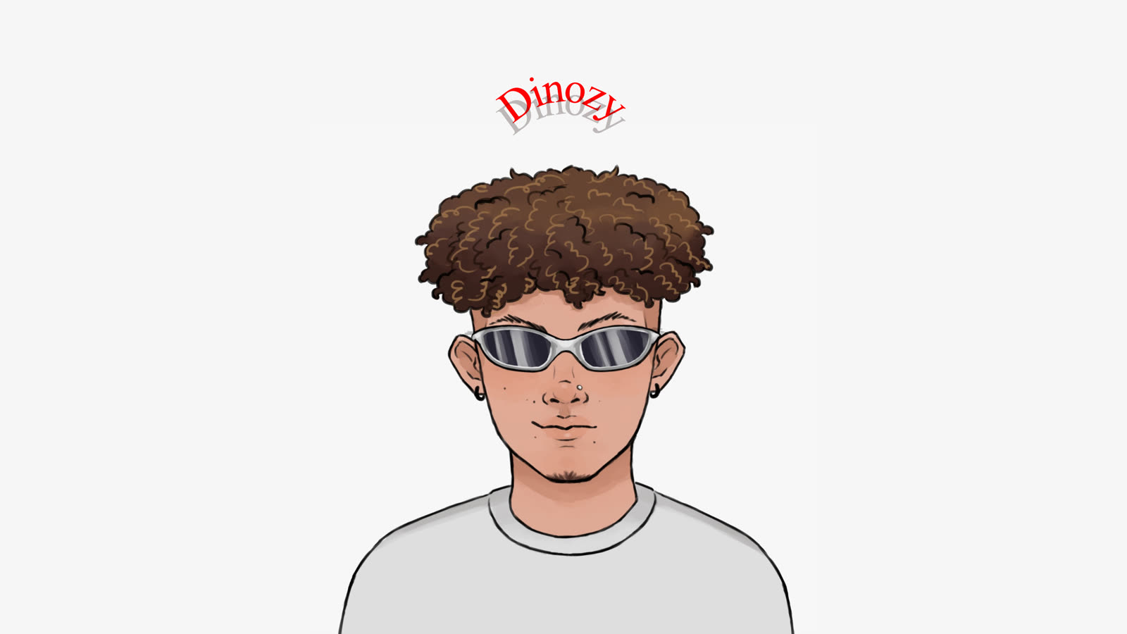 Ilustração do Dinozy: cabelo cacheado, óculos espelhado prateado e piercing no nariz