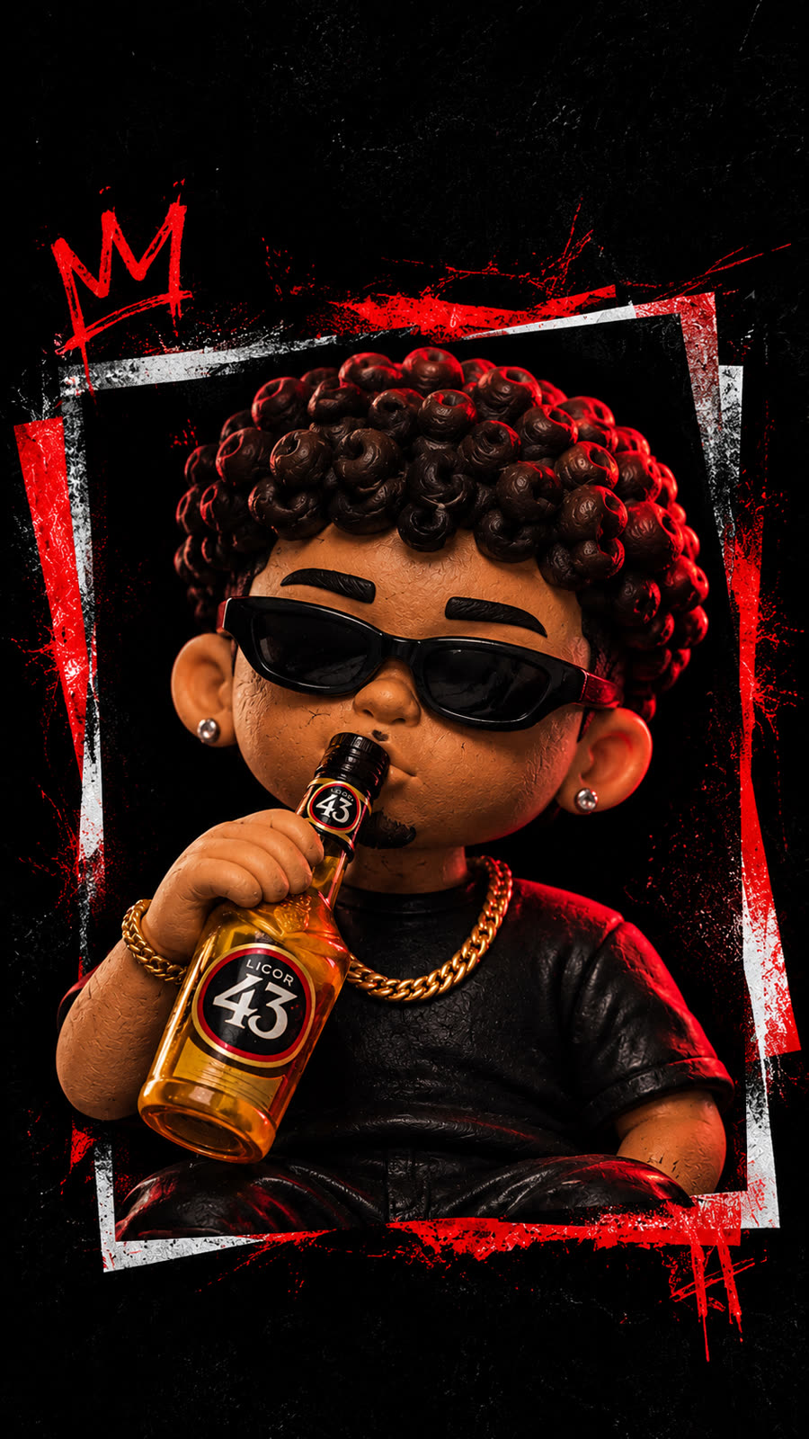 Mascote 3D do Dinozy com óculos escuros e corrente dourada, moldura de tinta vermelha
